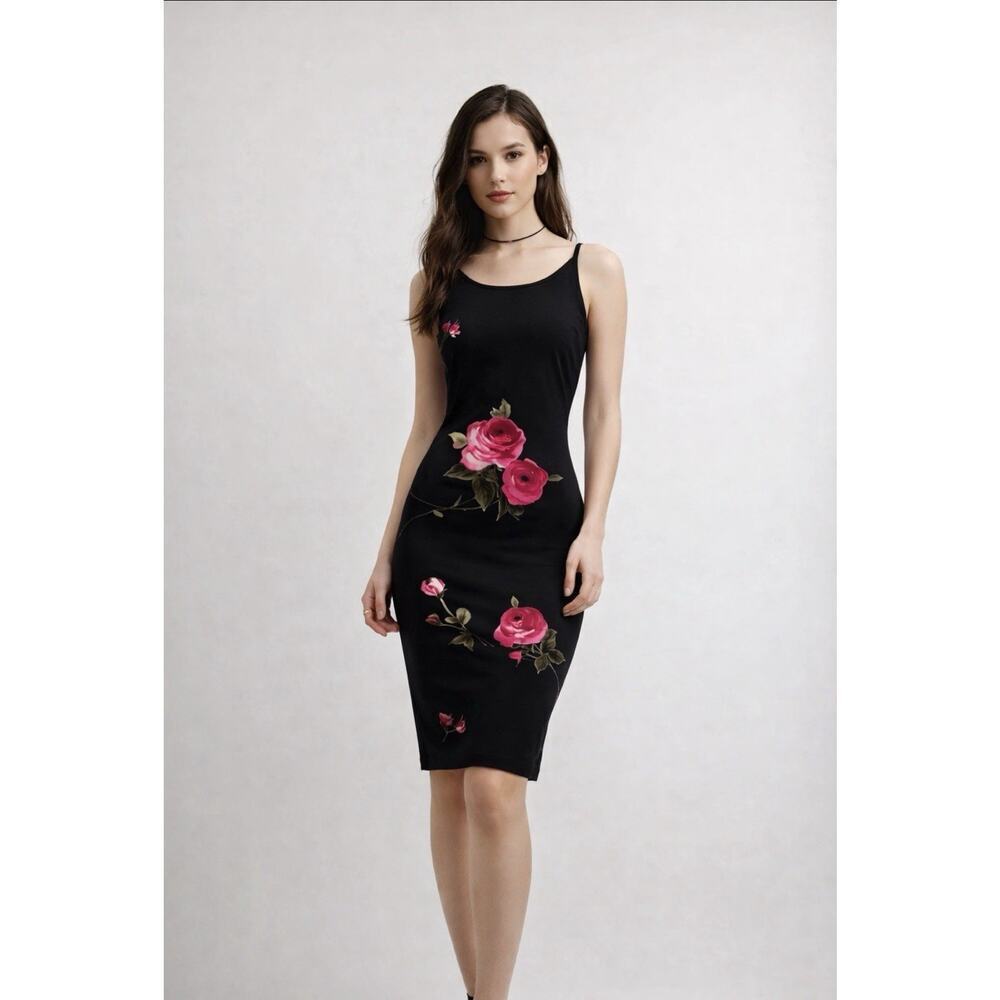 Vintage 90s Y2K Black Floral Slip Dress Alyn Paige Size 3/4 XS